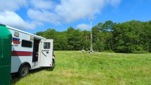Waldo EMA's communications truck sits parked near a portable aluminum tower in a field